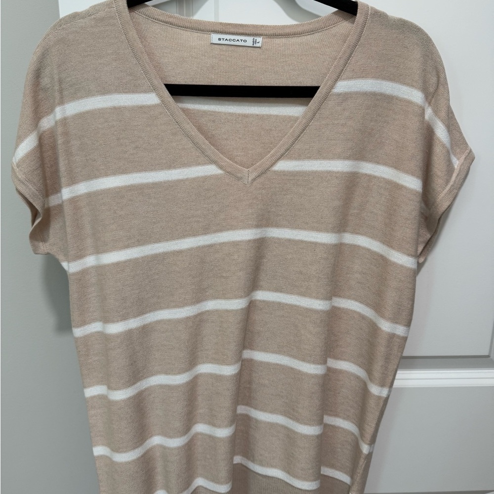 NWOT Never worn Staccato Women's Beige and White Striped V-Neck sweater top.